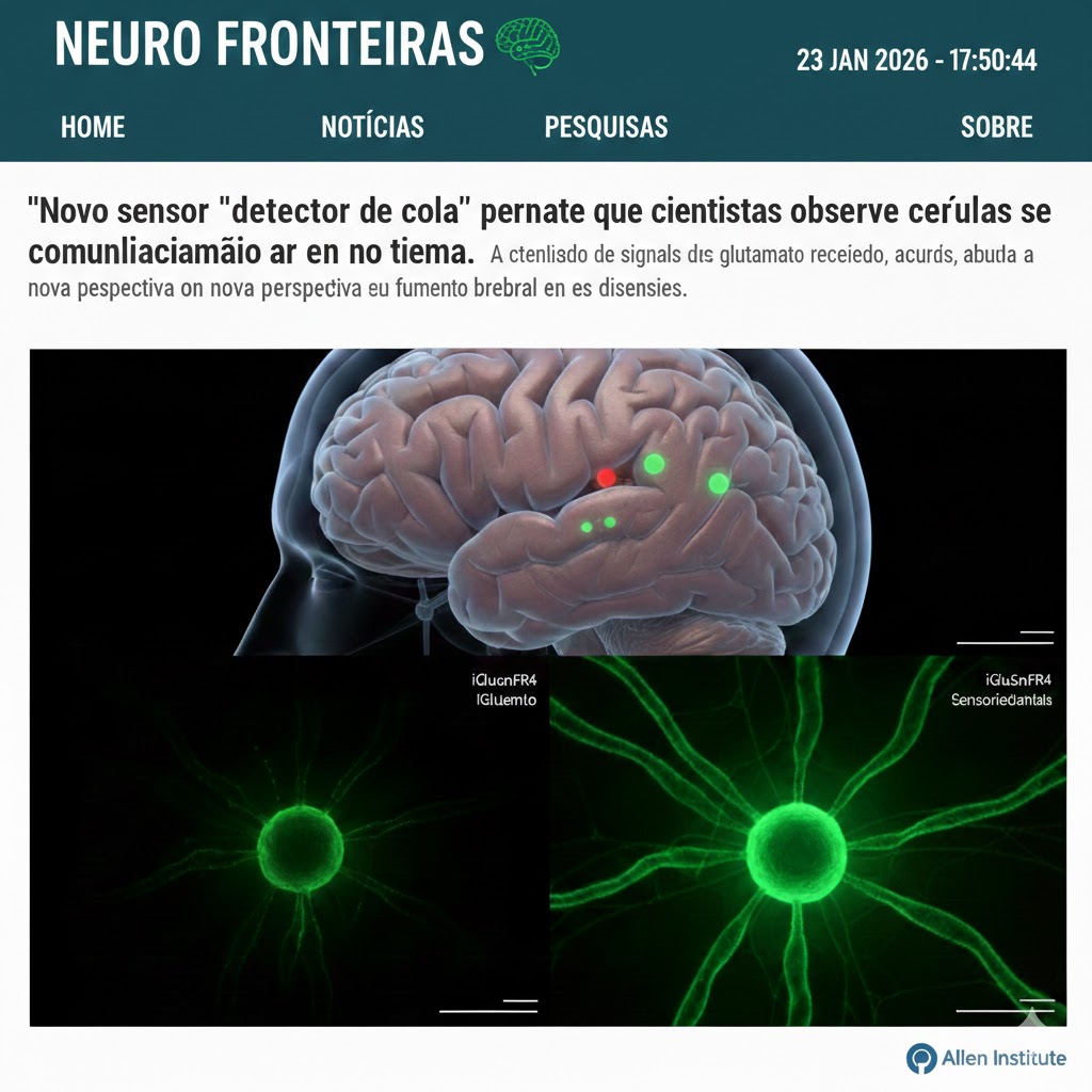 Visualização do sensor iGluSnFR4 detectando sinais de glutamato em células cerebrais.