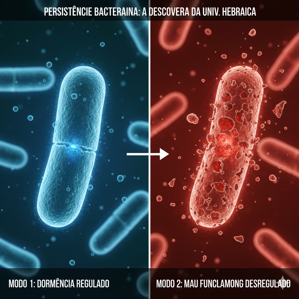 "Micrografia conceitual mostrando dois estados bacterianos distintos sob estresse: um em dormência estruturada e outro com membrana celular irregular, representando a descoberta da Universidade Hebraica."