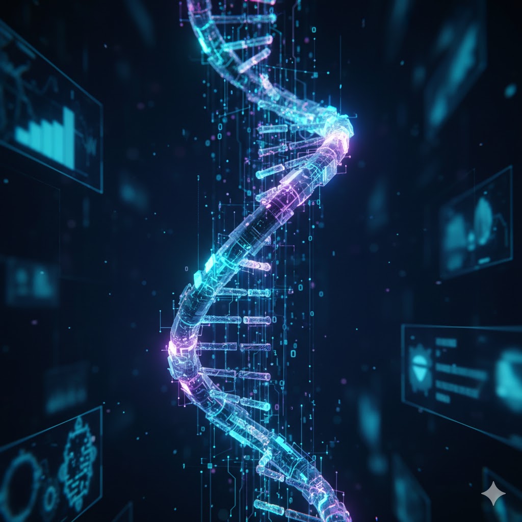 Representação digital de uma hélice de DNA com circuitos e luzes neon, simbolizando o uso de IA na medicina.
