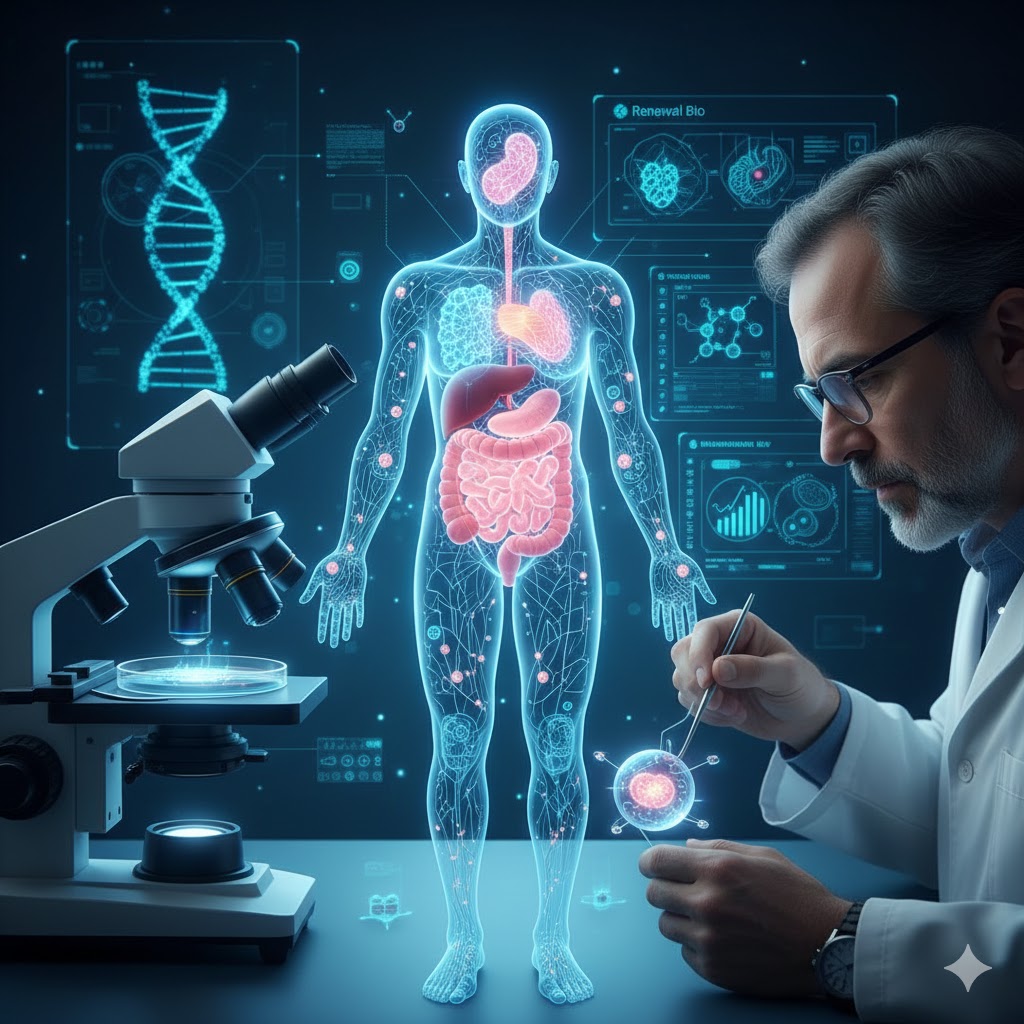 Cientista em laboratório analisando modelo sintético de tecidos com coração pulsante e sistema circulatório Renewal Bio