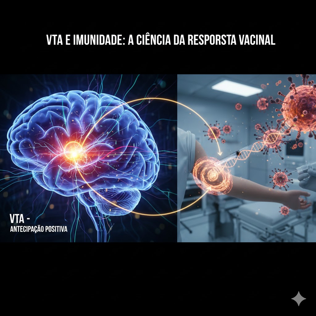 Infográfico científico mostrando a Área Tegmental Ventral (VTA) do cérebro e sua conexão biológica com a resposta imunológica vacinal, representando o estudo da Universidade de Tel Aviv.