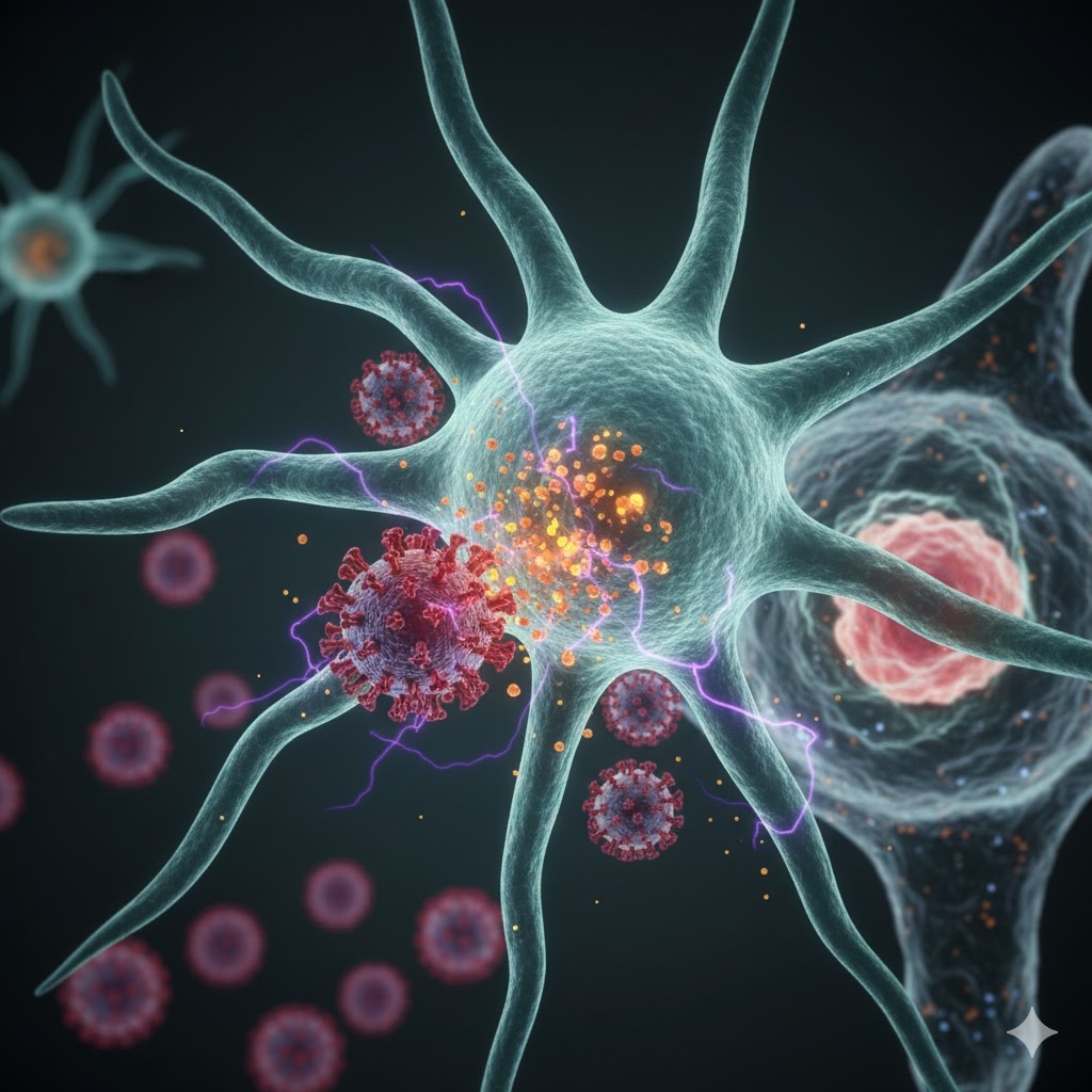 Ilustração científica de células Natural Killer atacando o vírus HIV