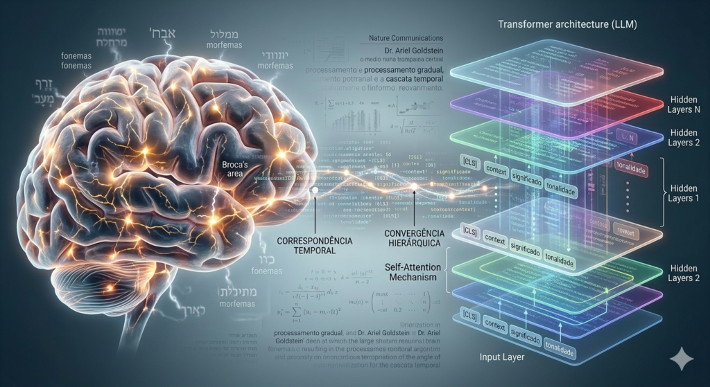 Diagrama comparativo entre o cérebro humano e camadas de rede neural de inteligência artificial."