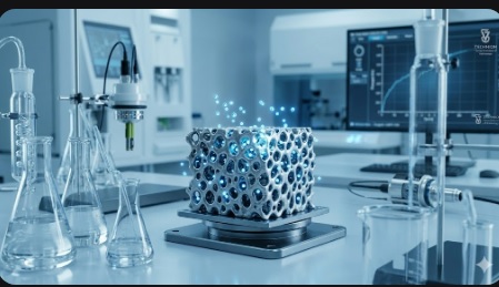 Close-up tecnológico de estrutura metálica de paládio absorvendo moléculas de hidrogênio em laboratório do Technion.