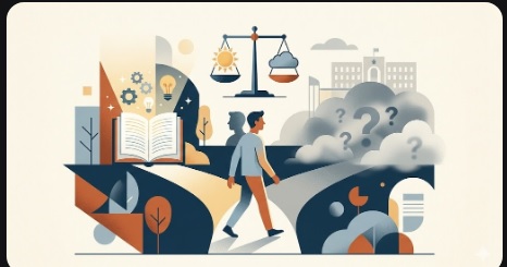 Ilustração conceitual mostrando uma pessoa escolhendo entre o caminho do conhecimento (luz) e o caminho da incerteza (névoa).