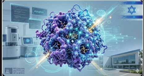 Ilustração digital da proteína esponja descoberta pelo Instituto Weizmann em Israel usando IA AlphaFold.