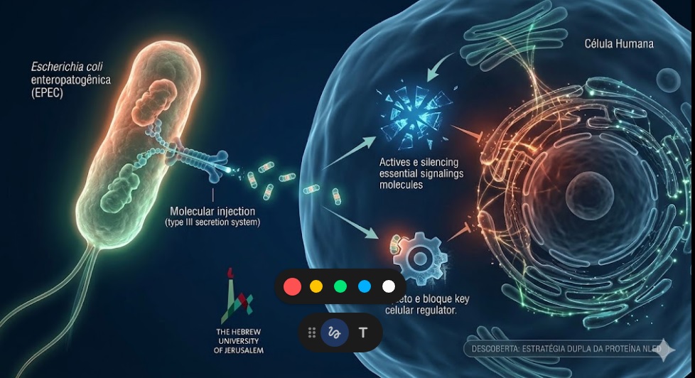Visual científico da bactéria E. coli de Israel injetando a proteína NleD para desativar o sistema imunológico humano, revelando uma estratégia dupla de infecção.