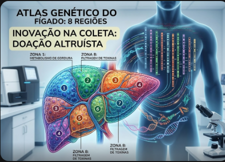Infográfico científico mostrando um fígado dividido em 8 regiões coloridas e interconectadas. Um destaque visual contém o texto 'Inovação na Coleta: Doação Altruísta', e o fundo mostra um corpo humano e um mapa genético, representando o estudo do Instituto Weizmann.