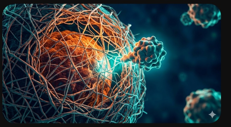 Ilustração médica em 3D mostrando uma molécula de medicamento quebrando a barreira fibrosa e protetora de uma célula tumoral de câncer de pâncreas, permitindo a entrada de células de defesa do sistema imunológico. Fundo azul escuro com detalhes em laranja e azul brilhante.