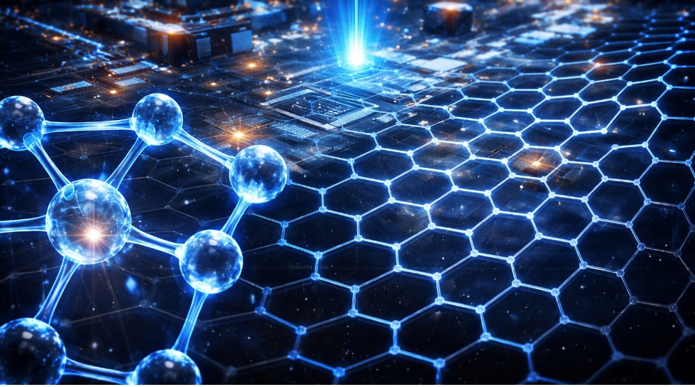 Interruptor nanométrico de grafeno desenvolvido por cientistas da Universidade de Tel Aviv em chip de computador futurista.