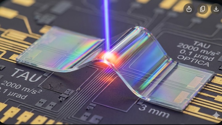  Infográfico em close-up de um chip de silício futurista onde lâminas de vidro microscópicas são dobradas por um feixe de laser azul e vermelho com extrema precisão, formando estruturas 3D e espelhos curvos helicoidais brilhantes.