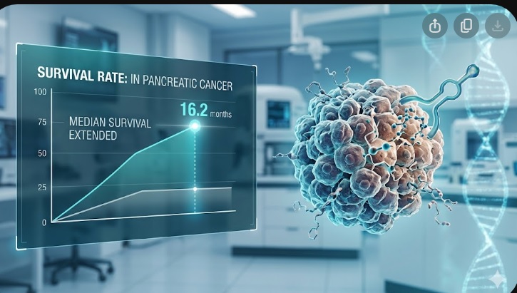 "Gráfico digital flutuante mostrando o aumento na taxa de sobrevida de câncer de pâncreas para 16,2 meses, ao lado de uma visualização científica em 3D de células cancerígenas em um laboratório médico."