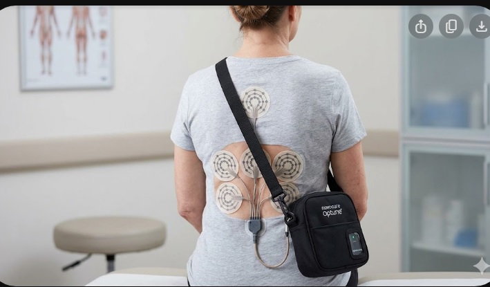 Paciente utilizando o dispositivo portátil vestível Optune da Novocure para tratamento de câncer de pâncreas, mostrando os adesivos transdutores nas costas e a bolsa com a bateria.