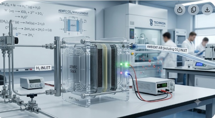 Prototipo de celula de combustivel de hidrogenio AEMFC operando com ar ambiente e gestao de CO2 em laboratorio do Technion.